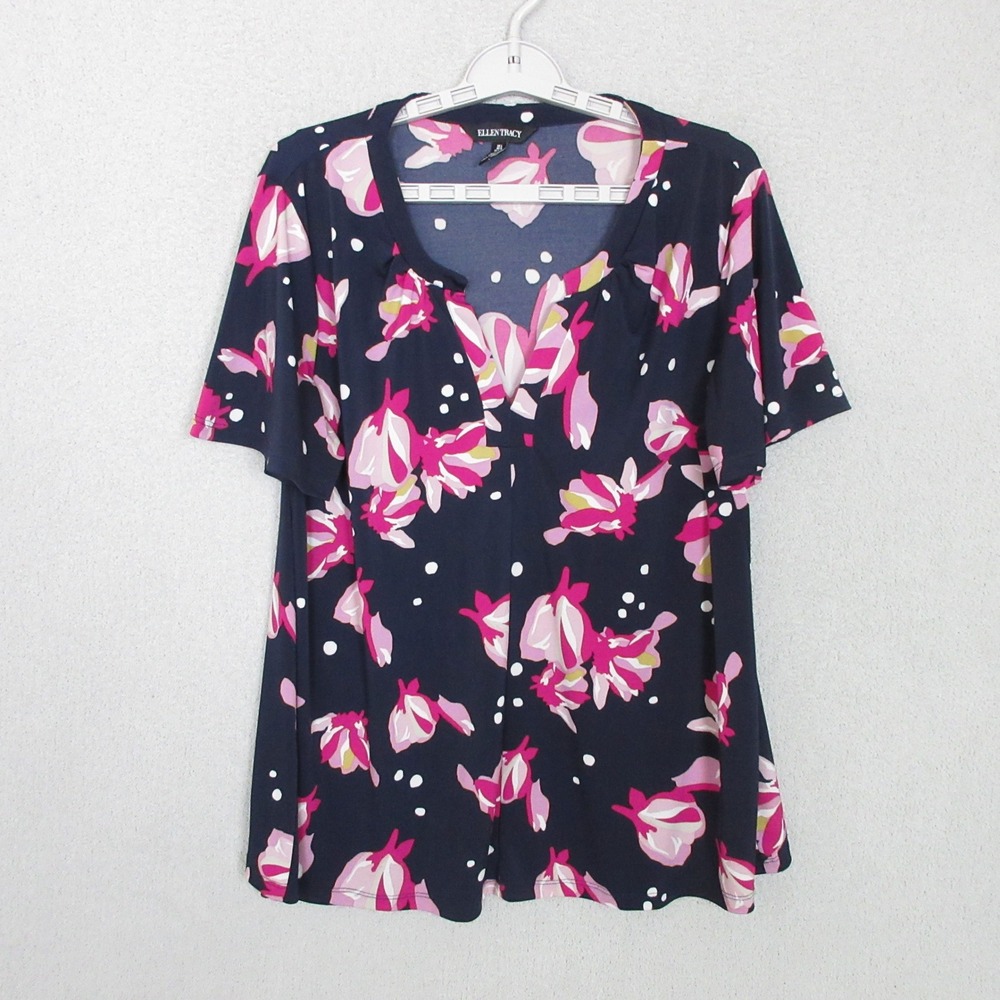Ellen Tracy Floral Polka Dot Blouse Womens L Navy Pink Split Neck Short Sleeve